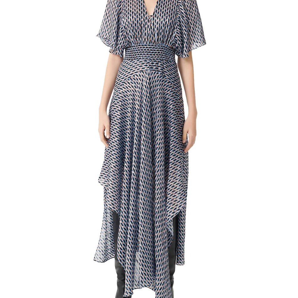 MAJE Asymmetric printed satin maxi dress